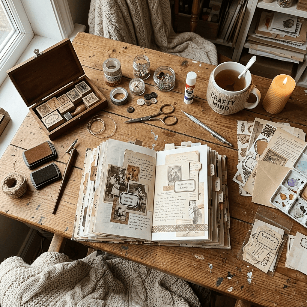 Open vintage scrapbook journal surrounded by craft supplies and tea