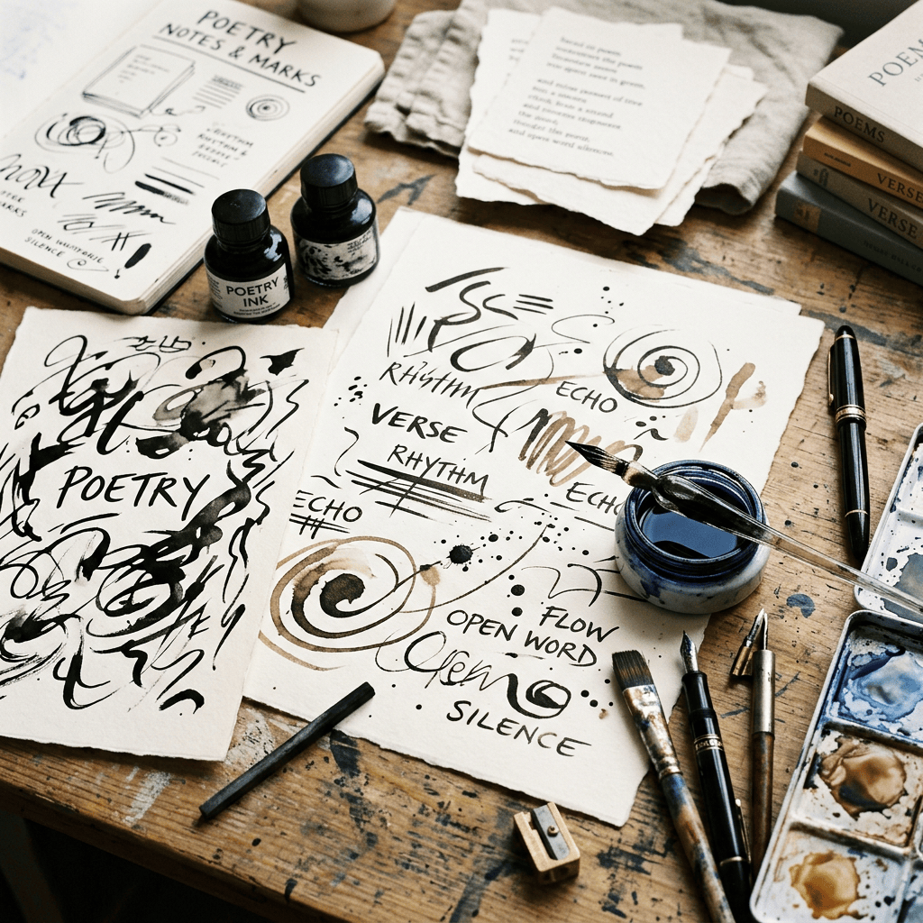 Poetry notes, ink bottles, calligraphy sketches, brushes, and handwritten words on a wooden table
