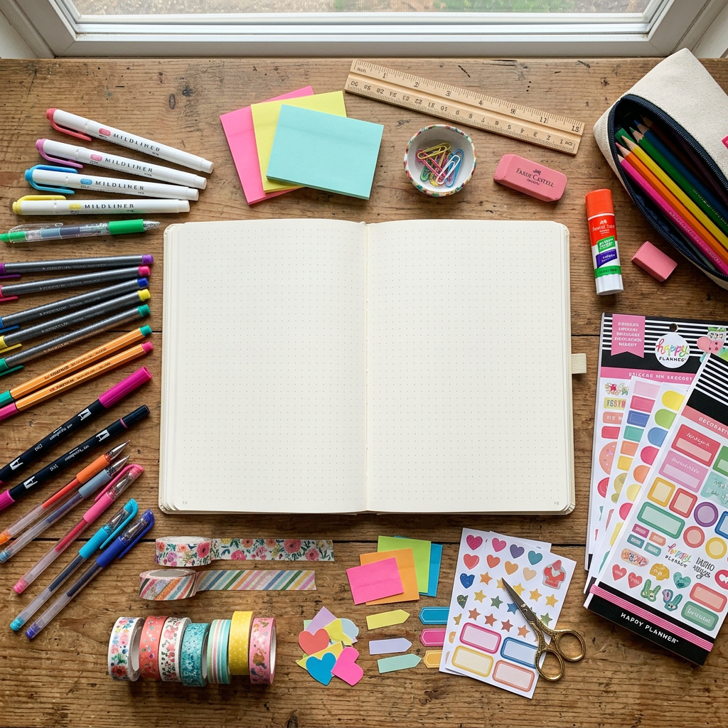 Open dotted notebook surrounded by colorful stationery and planning supplies